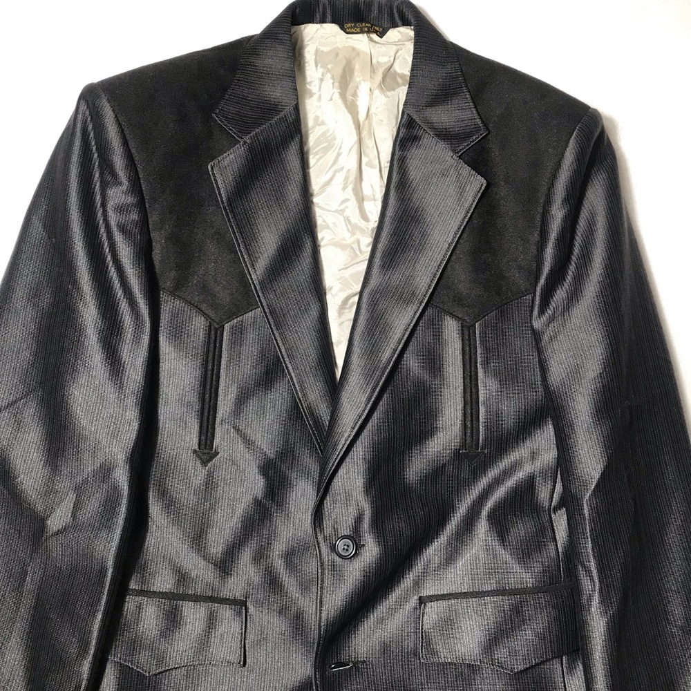 Men's Black Pinstripe Western-Style Blazer with textured Yoke
